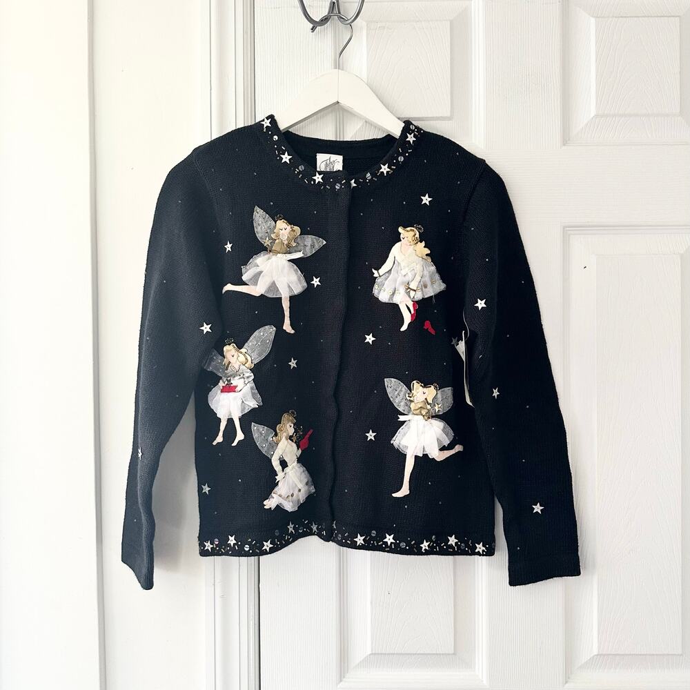 Fisher Hill NWT Deadstock Black Angel Fair Holiday Embellished Cardigan Medium